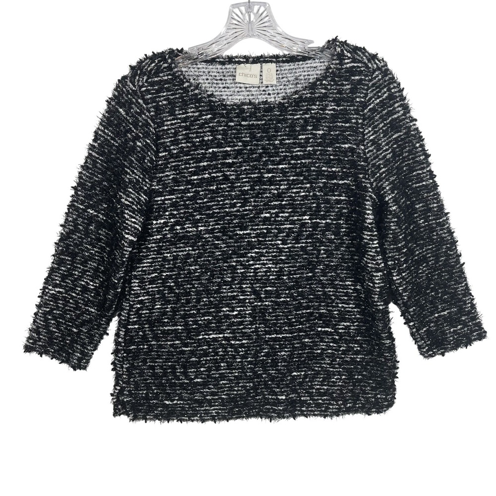 Chico's Knit Top Women Size 0 Black White Eyelash Textured Metallic 3/4 Sleeve